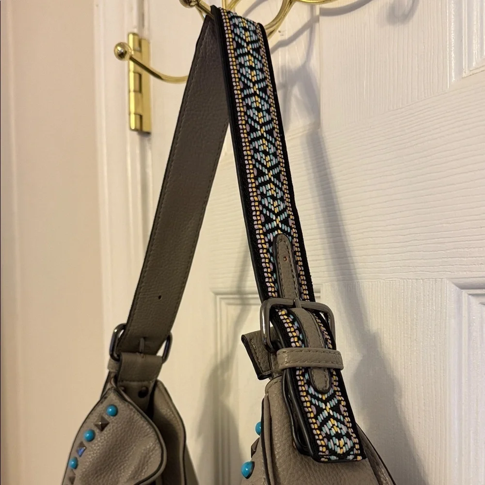 Urban Expressions Gray  Bag with Turquoise & Black Studs & Embroided Strap